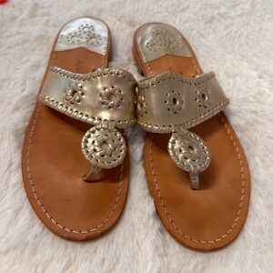 Jack Rogers Jacks Flat Sandals Platinum Gold Metallic Leather Whipstitch Size 10